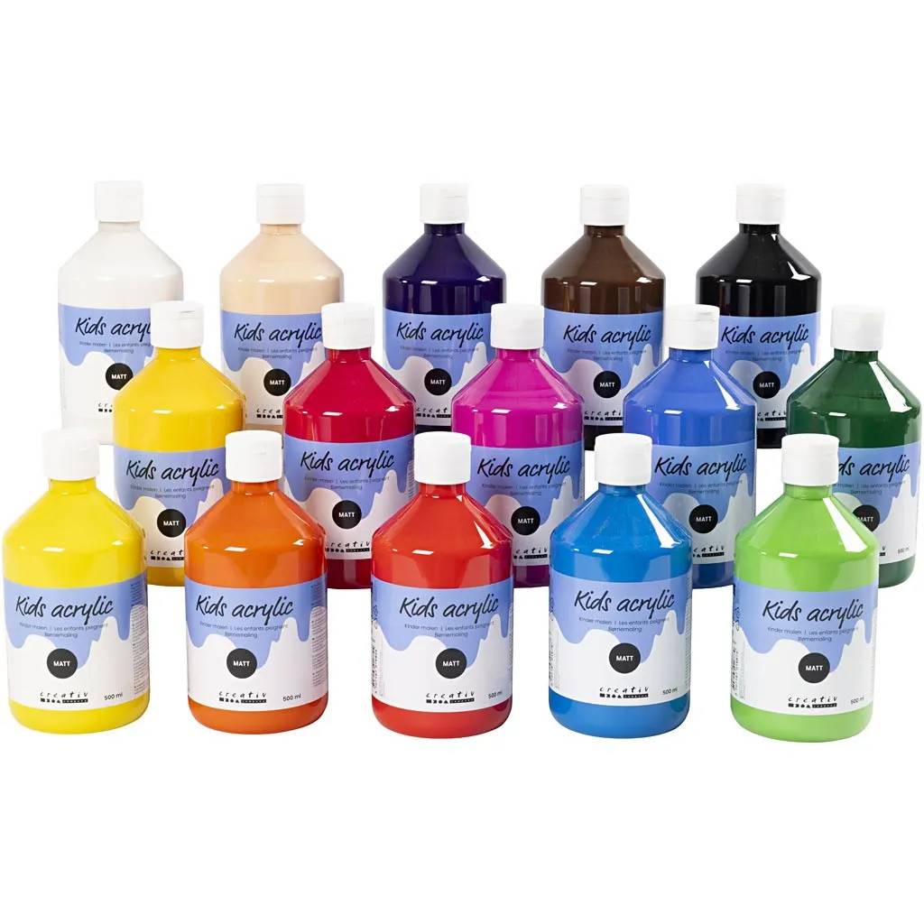 Akrylfärg för Barn Matt - 15 Flaska, 500 ml, Matt, Mixade Färger - A-color - Hobbyfärg för barn - mixade färger