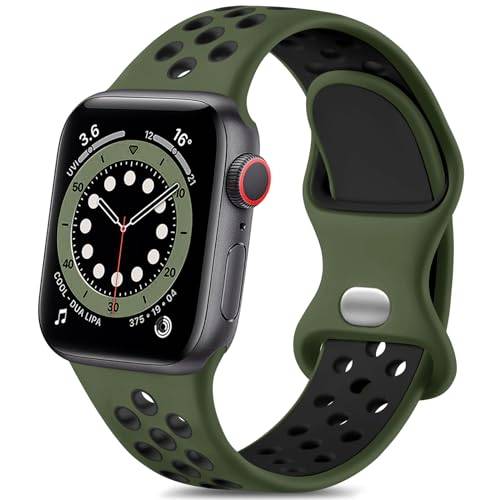 Epova Andningsbart armband, kompatibelt med Apple Watch 42 mm, 44 mm, 45 mm, 49 mm, ersättningsband, kompatibelt med iWatch SE Series 9, 8, 7, 6, 5, 4, 3, 2, 1, militärgrön/svart, stor