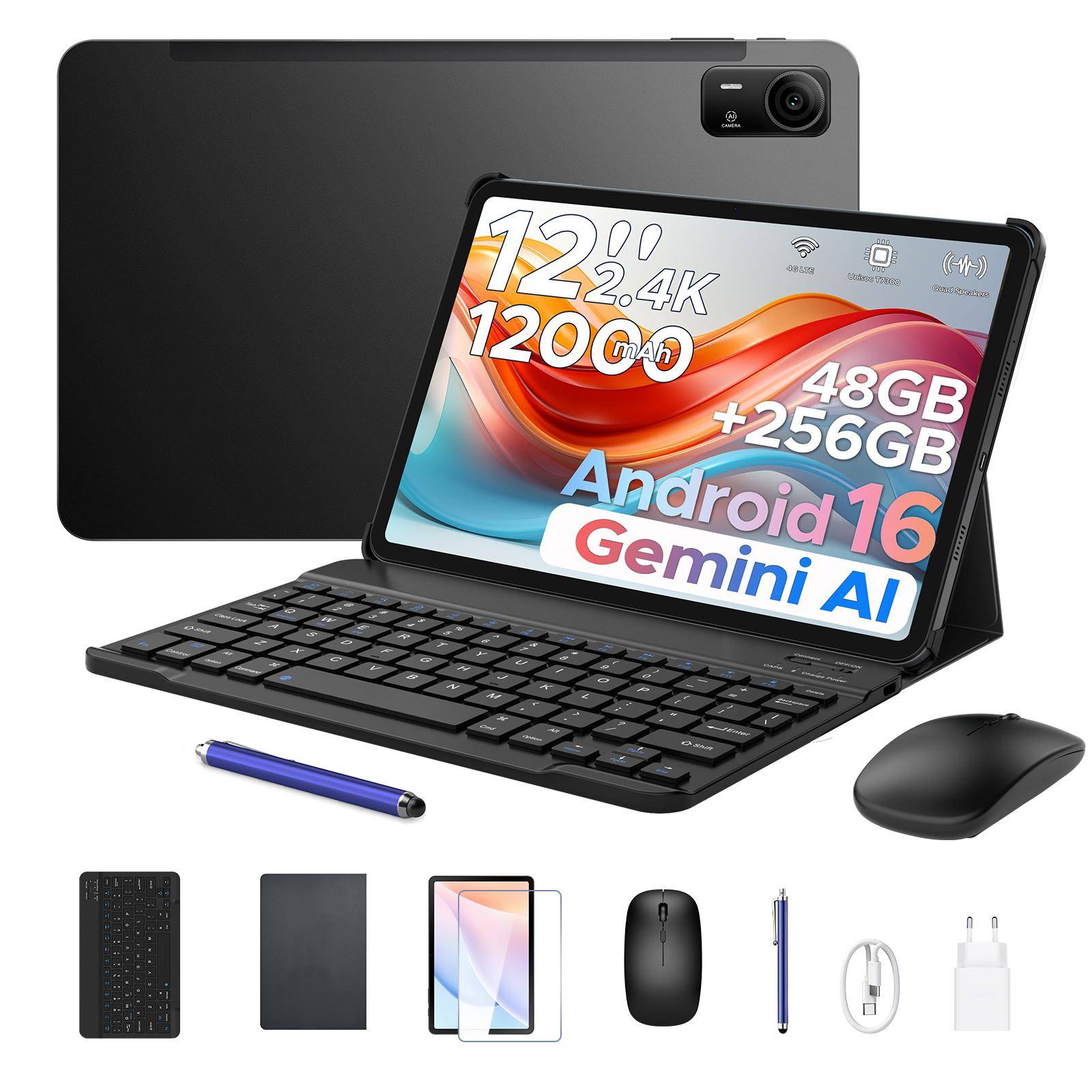AP12 Pro 12-tums surfplatta, 2,4K 120Hz Android 16, 48GB+256GB/2TB, 12000mAh, Octa-Core, WiFi 5, Ansikts-ID, 4G LTE, Surfplatta med tangentbord, penna