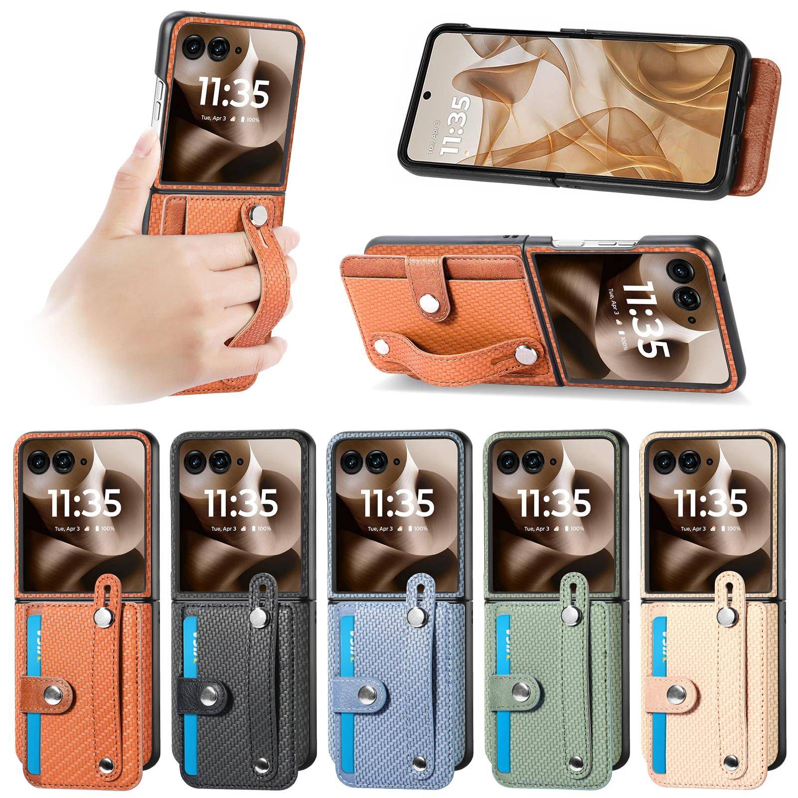 Kolfiberläder Fodral till Motorola Razr 60 50 40 Ultra Fodral för Moto Razr 60 50 40 Armband Kortfack Plånboksskydd svart
