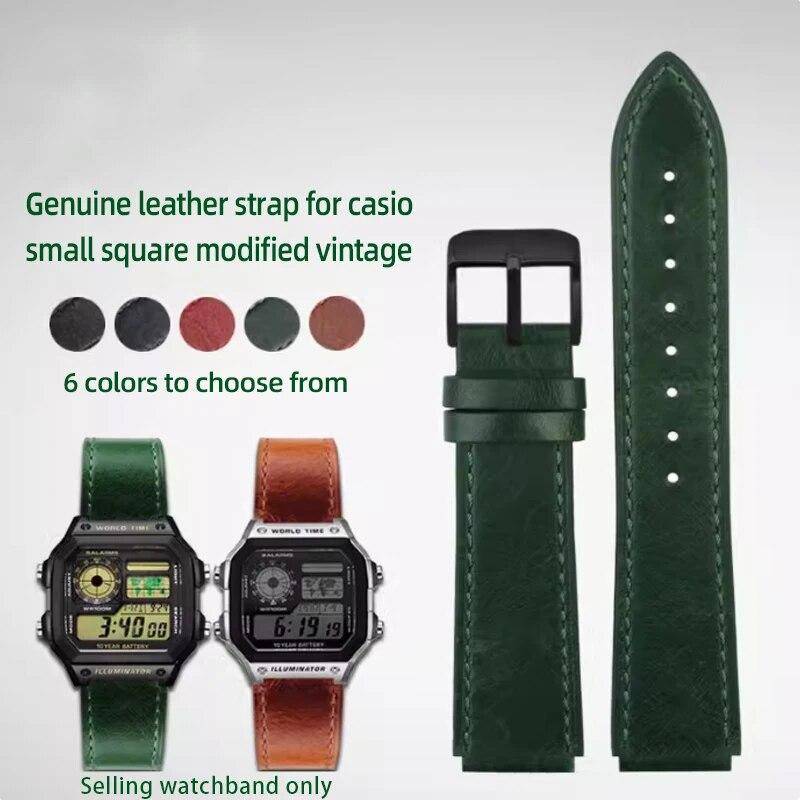 Retro klockarmband i äkta läder för Casio A158W A168 / F91w / AE-1200WHD/A158/A159/A169/AE1200 Vintage armbandsarmband