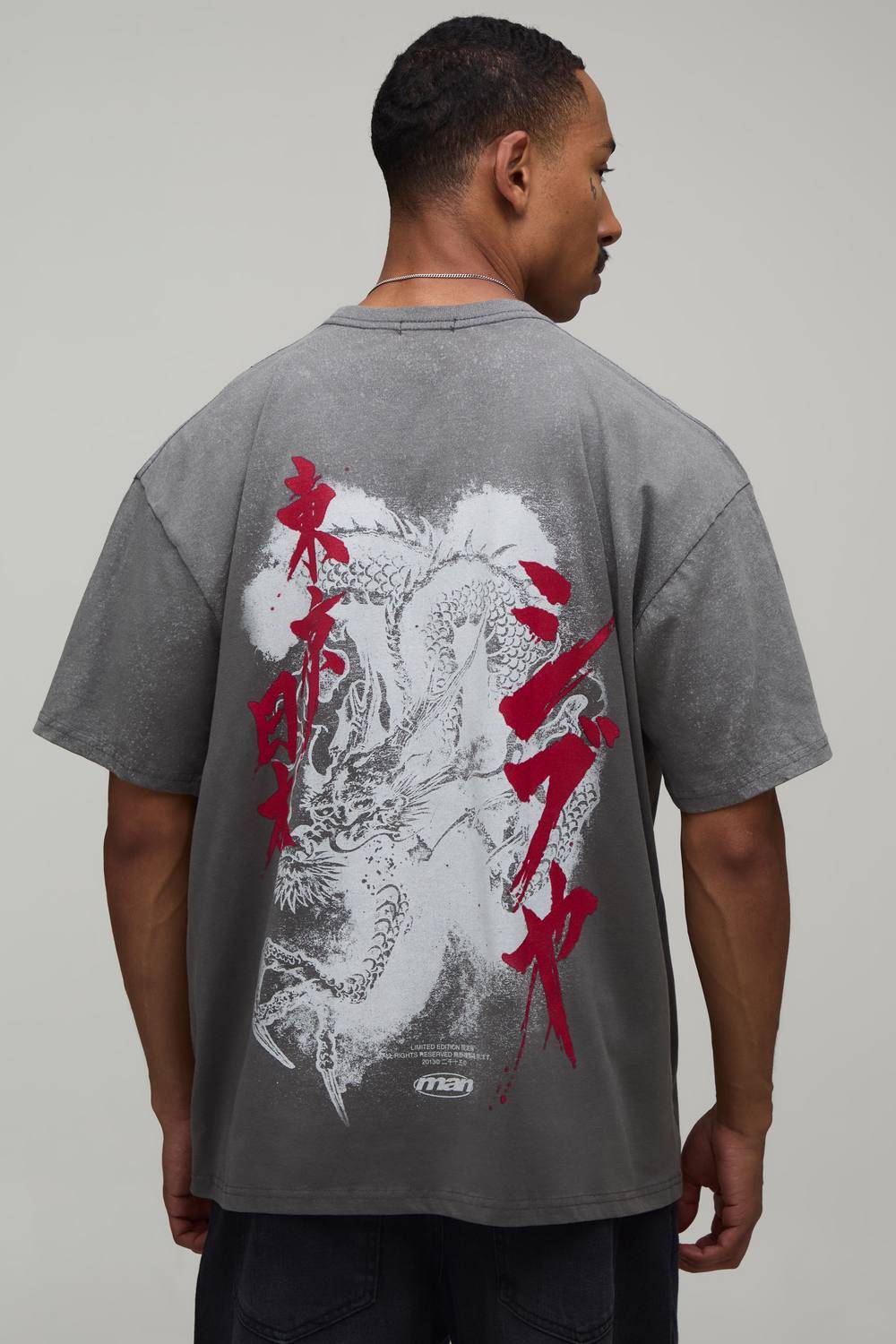 Oversized Dragon Print Spray Wash T-Shirt | Charcoal | Size 3XL
