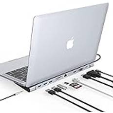 10-i-1 USB C-docka, USB C multiport hub trippel display laptop hub stativ, USB C-adapter (4K HDMI, VGA, PD 100 W, Ethernet, SD/TF-kortplats, 3,5 mm ljud, 3 USB-portar) för MacBook, Dell, HP, Lenovo