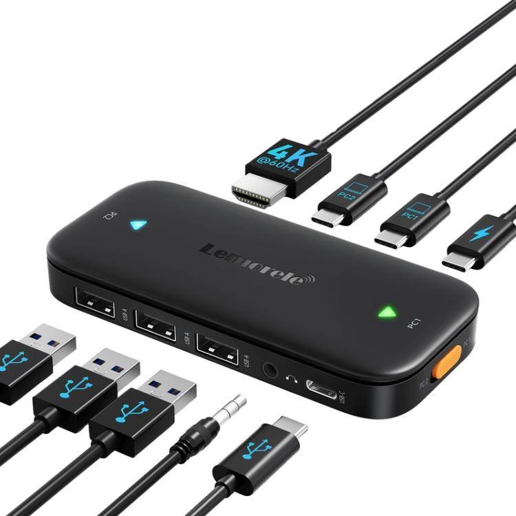 Lemorele KVM-switch H200 USB-C med HDMI 4K 60Hz och 100W PD / USB-C-växlare / Datorväxlare