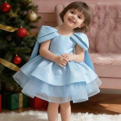 Elegant söt blå tyllklänning för babyflicka med rosett och off-shoulder, prinsessklänning för födelsedagsparty och semester - Babyblå (9-12M,12-18M,18-24M,2-3Y)