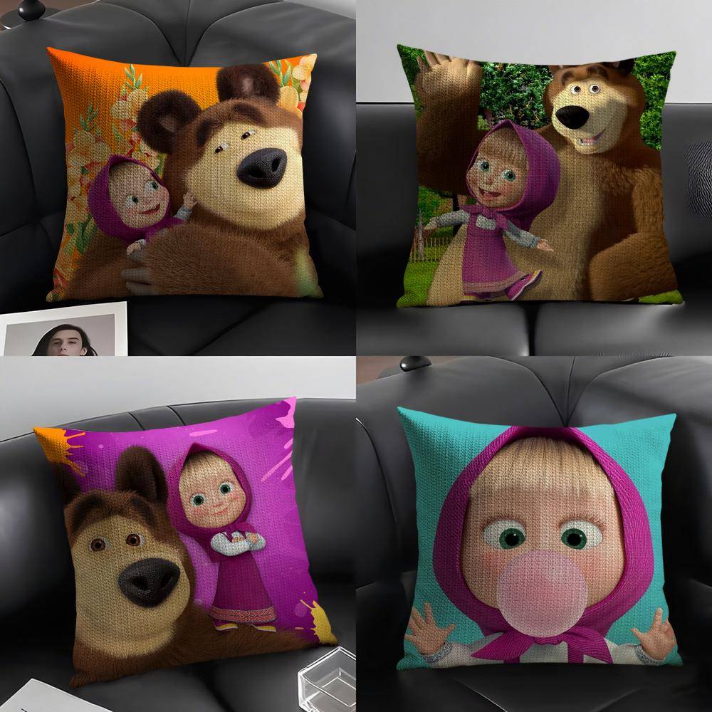 Anime Masha och Björnen Kuddfodral Naturligt Linne Ekologiskt Tyg Dubbelsidig Tryck Soffa Heminredning Gåva Kuddfodral