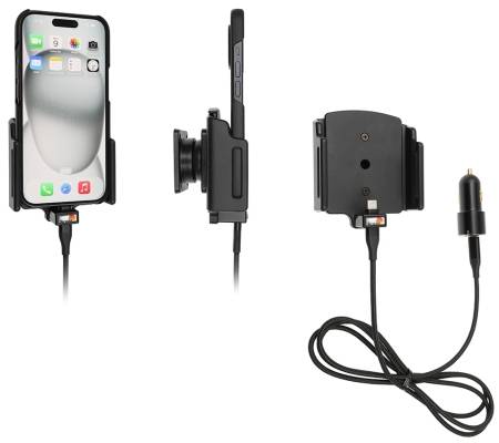 Brodit Aktiv holder med USB-kabel og cigaretadapter, Apple iPhone 15/15 Pro/16/16 Pro/16e