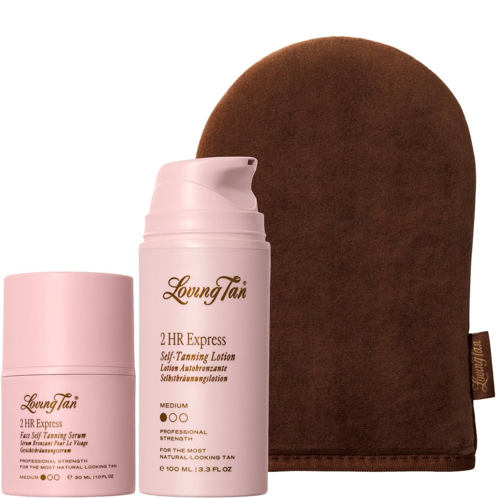 Loving Tan 2HR Express Tanning Lotion & 2HR Express Face Tanning Serum & Deluxe Applicator Mitt (Medium)