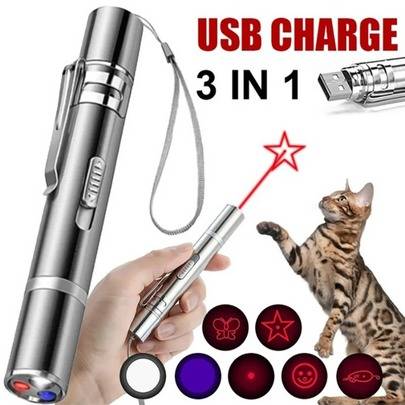 1/2 laserpekare för kattleksak, 3 lägen: röd laser, lila ljus, vit LED-ficklampa - USB-laddningsbar (60mAh), rostfritt stål, interaktiv leksak för hus - Multifärgad (Silver 2 st,Silver 1 st)