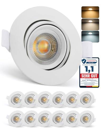 Schiele LED Einbaustrahler 230V Flach IP65, 7W LED Spots Deckenleuchte 68mm Lochmaß, Warmweiß Neutralweiß Kaltweiß, Schwenkbar Deckenspots Einbauleuchten für Bad Küche Wohnzimmer, 12er Set