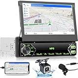 Inefala Bilradio 1 Din med tillbaka skärm, 7-tums pekskärm Bilstereo stöd för Bluetooth-högtalare/spegellänk/FM-radio/USB/Type-C/AUX/EQ med bakkamera