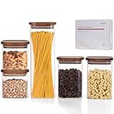 QuaLife 4-delars set förvaringsburkar (500 ml) med trälock – Lufttäta glasburkar av borosilikatglas – Stapelbara glasburkar – Fyrkantig förvaring för spaghetti och müsli