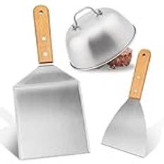 3 stycken hamburgarset, grillspatel rostfritt stål, grillspade med hamburgarskydd, stekspade med trähandtag för hamburgarpress, teppanyaki, grill, biff, pizza