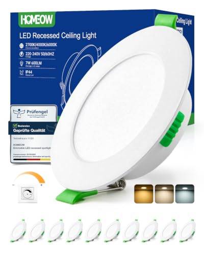 HOMEOW Dimbar infälld LED-spotlight, 7 W, 220 V, extra platt takspotlight, varmvit, 2 700K, neutral vit, 4 000 K, justerbar kall vit, 6 000 K, infälld badrumsplats för vardagsrum, set med 10 st