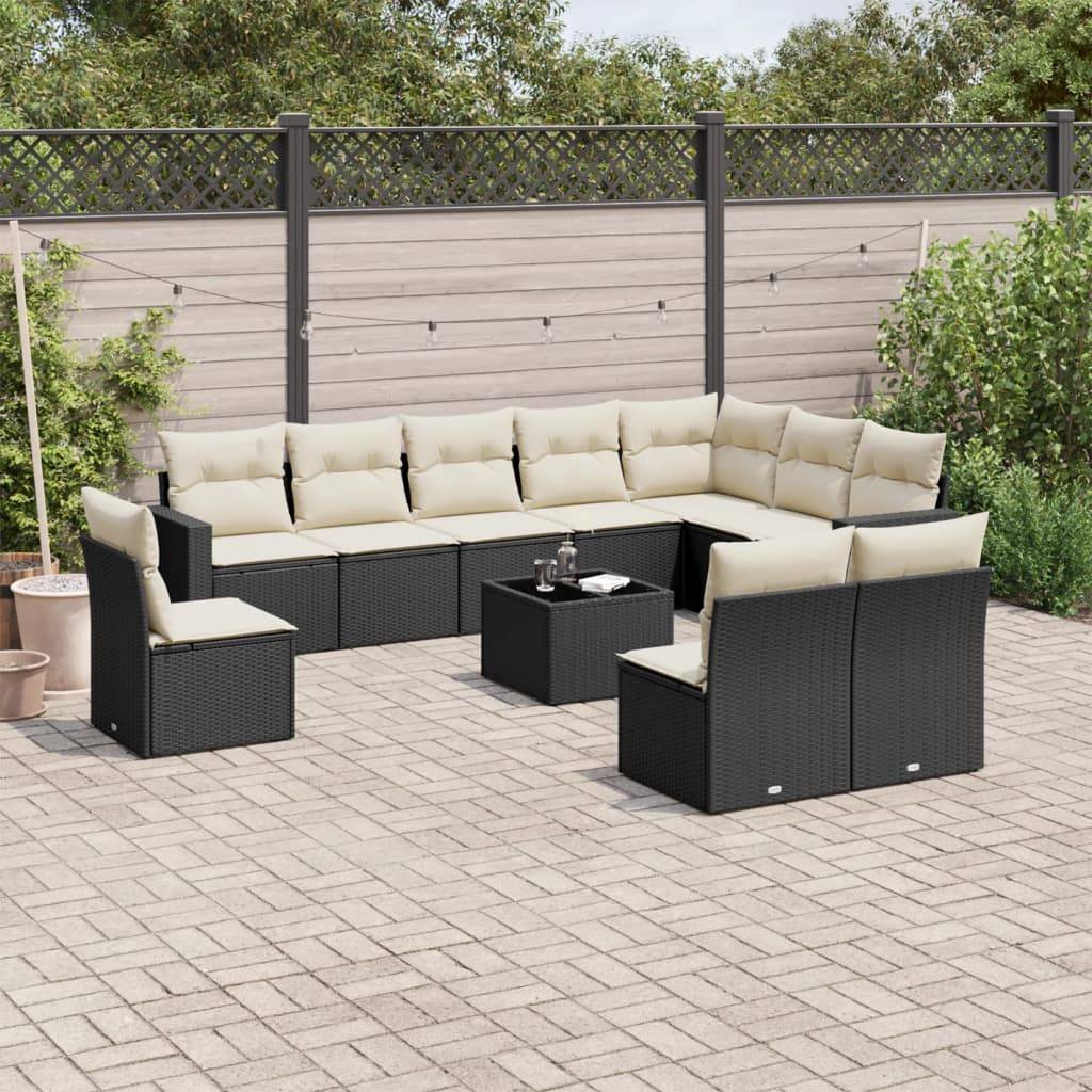 Sofasæt Til Haven 10 Dele Med Hynder Polyrattan - Sort og cremefarvet / Med bord