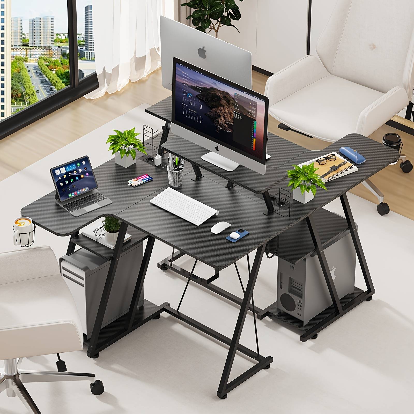 Gaming Table Measuring 99x52x77cm, Featuring A Fiber Surface, L-shaped Design For Pcs, Includes A Monitor Stand, Cup Holder, Headphone Hook, And Is Ergonomically Designed For Gaming
