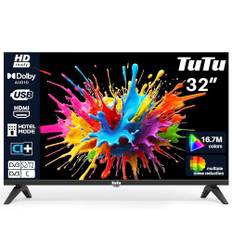 TuTu Fernseher 32 Zoll (80cm) LED HD TV mit Triple Tuner (DVB-T/T2-C-S/S2), HDMI, USB-Media Player, CI/CI+, Hotelmodus (TUB32HN1N, 2024)