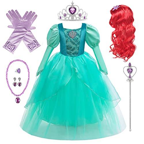 EMIN Barn Mermaid Princess Peruk, Flicka Prinsessan Ariel Klänning, Mermaid Princess Kostym, Princess Accessory Set, Prinsessklänning, Födelsedag, Fest, Jul, Halloween, Karneval, Cosplay