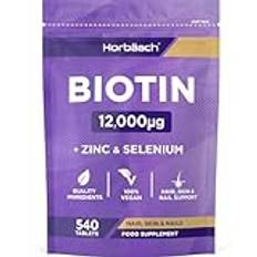 Biotin Tabletter 12000 mcg | 540 Veganska Tabletter | Komplex med Selen Zink och Vitamin B7 | Kosttillskott Hår Hud och Naglar | Hög Dos och Absorption | Biotin For Hair, Skin & Nails | Horbaach