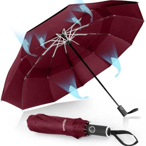 Herreicher Stormsäkert paraply stort fällbart paraply vindtätt stativ lätt paraply automatiskt paraply reseparaply vikbart kompakt golfparaply för män/kvinnor/barn/äldre, svart (röd)