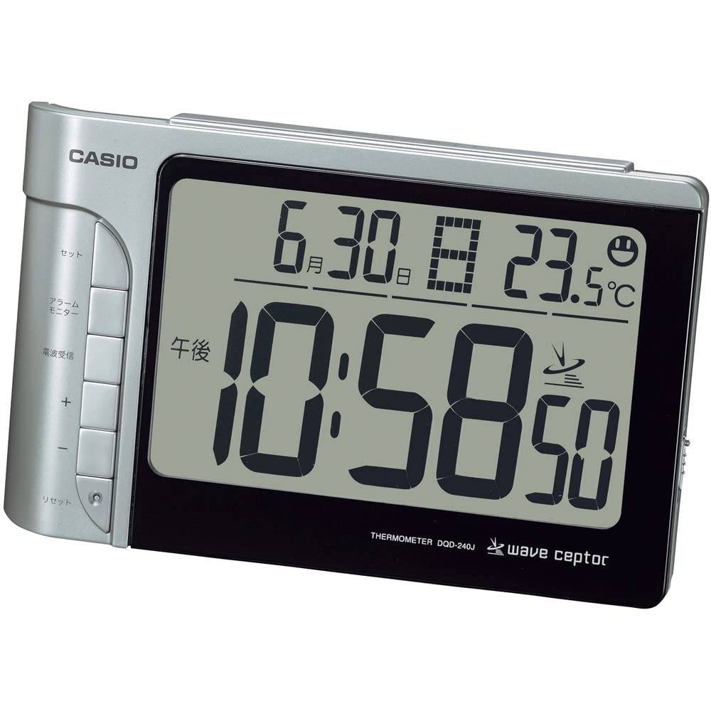 CASIO Alarm Black Clock, Radio-Controlled, Silver, Digital, Temperature, Calendar, DQD-240J-8JF,