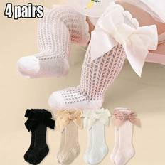 4 par flickor bomull Mjuk Enkel Elastisk Elegant Casual Andas Mesh Crew strumpor - Multifärgad (0-6M,6-12M,1-3Y,4-6Y,7-9Y)