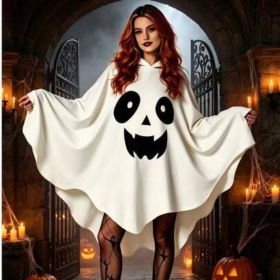Halloween spökhoodie, rolig pumpakapsmantel för vuxna, cosplaydräkt, one size för vuxna, matchande outfit för par, lätt och bekvämt tyg, enkel att bär - Multifärgad (Vit, one size)