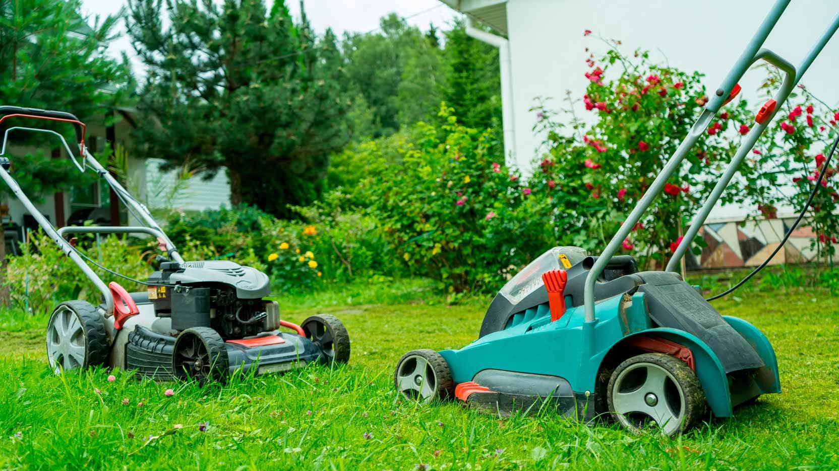 Billede af en elektrisk og en batteri plæneklipper