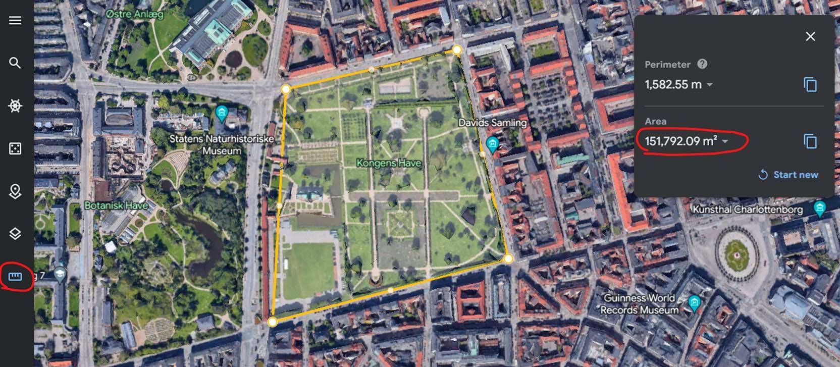 Skärmbild av Kongens Have i Köpenhamn från Google Earth