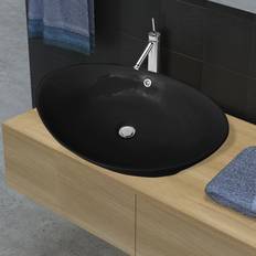 vidaXL Lavabo Oval De Cerámica Negra De Lujo Con Desagüe 59 x 38.5 cm