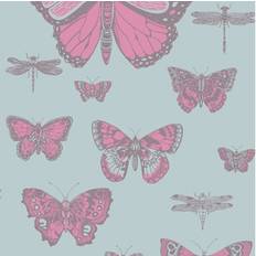 Cole & Son Butterflies Dragonflies Wallpaper Whimsical Bright pink on blue 103/15062 Roll