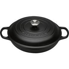 Fonte Plats à gratin peu profonds Le Creuset Satin Black Signature Cast Iron Round avec couvercle 3.2 L