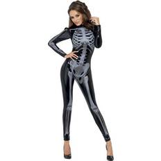 Smiffys Fever Skeleton Costume Black Catsuit with Cap Sleeves