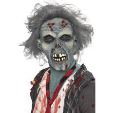 Halloween Masques pour la Tête Smiffys Masque zombie adulte en latex avec cheveux gris et blessures ensanglantées Gris