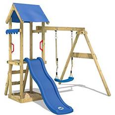 Wickey Aire de jeux Portique bois TinyWave avec balançoire et toboggan bleu Maison enfant exterieur avec bac à sable, échelle d'escalade &