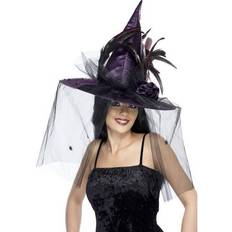 Halloween - Men/Women Hats Smiffys Witch Hat Feathers & Netting Purple