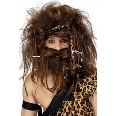 History Short Wigs Fancy Dress Smiffys Crazy Caveman Set Brown