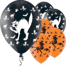 Oranje Feestartikelen Amscan Set van 6x stuks Halloween ballonnen met heksen en katten print 27,5 cm