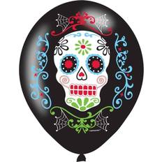 Cirkel Latex ballonnen Amscan 6x Zwarte horror ballonnen Day of the dead sugarskull print 27,5 cm