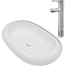 vidaXL Lavabo De Baño Ovalado Con Grifo Mezclador Cerámica Blanco