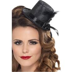 Mujeres Sombreros Smiffys Mini Top Hat with Ribbon and Feather Black