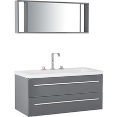 Beliani Mueble De Baño Moderno Gris Y Plateado Con Espejo 2 Cajones Lavabo Almeria