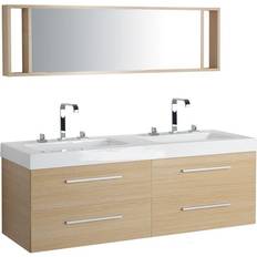 Mobili doppio lavabo Beliani Bagno Di 2 Lavabi Con Armadietti E Specchio Beige Malaga