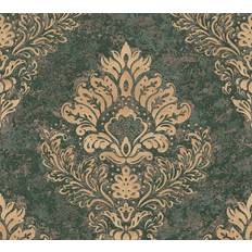 Living Walls Papier peint à motif damassé doré Tapisserie baroque noir & or idéale salon Papier peint vintage avec relief baroque Vert, Or