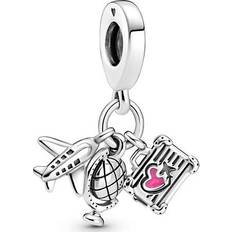 Riipuksia ja Riipuksia Pandora Airplane Globe & Suitcase Triple Dangle Charm - Silver/Pink