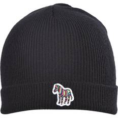 Paul Smith Men Headgear Paul Smith Zebra Logo Ribbed Lambswool Beanie Hat - Black