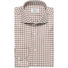 Stenströms Slimline Gingham Cut Away Shirt - Light Brown