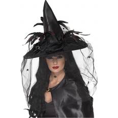 Halloween - Men/Women Headgear Smiffys Witch Hat Feathers & Netting