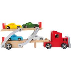 Lastwagen reduziert Small Foot 4222 Wooden car transporter, with movable loading ramp, detachable trailer and 4 cars