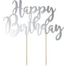 PartyDeco Silberne Dekoration für Happy Birthday Tortenaufleger